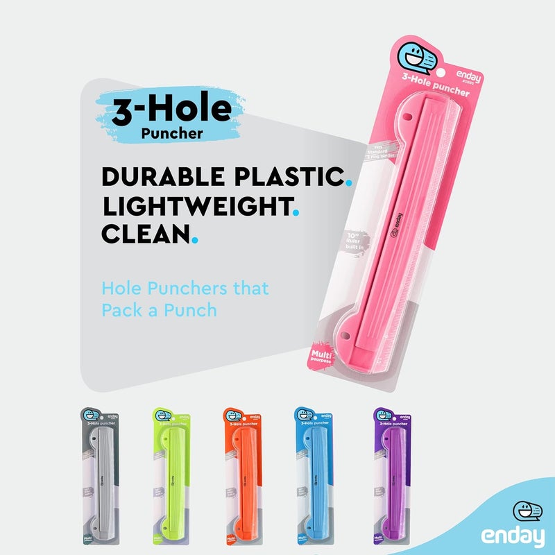 Enday 3 Hole Punch Pink, Portable Hole Puncher for 3 Ring Binder, 3 Sheets Capacity, Removable Chip Tray, 10” Ruler for School, Office, Also Available in Purple, Blue, Green, Red, Grey, 1 Pc-by - Image 4